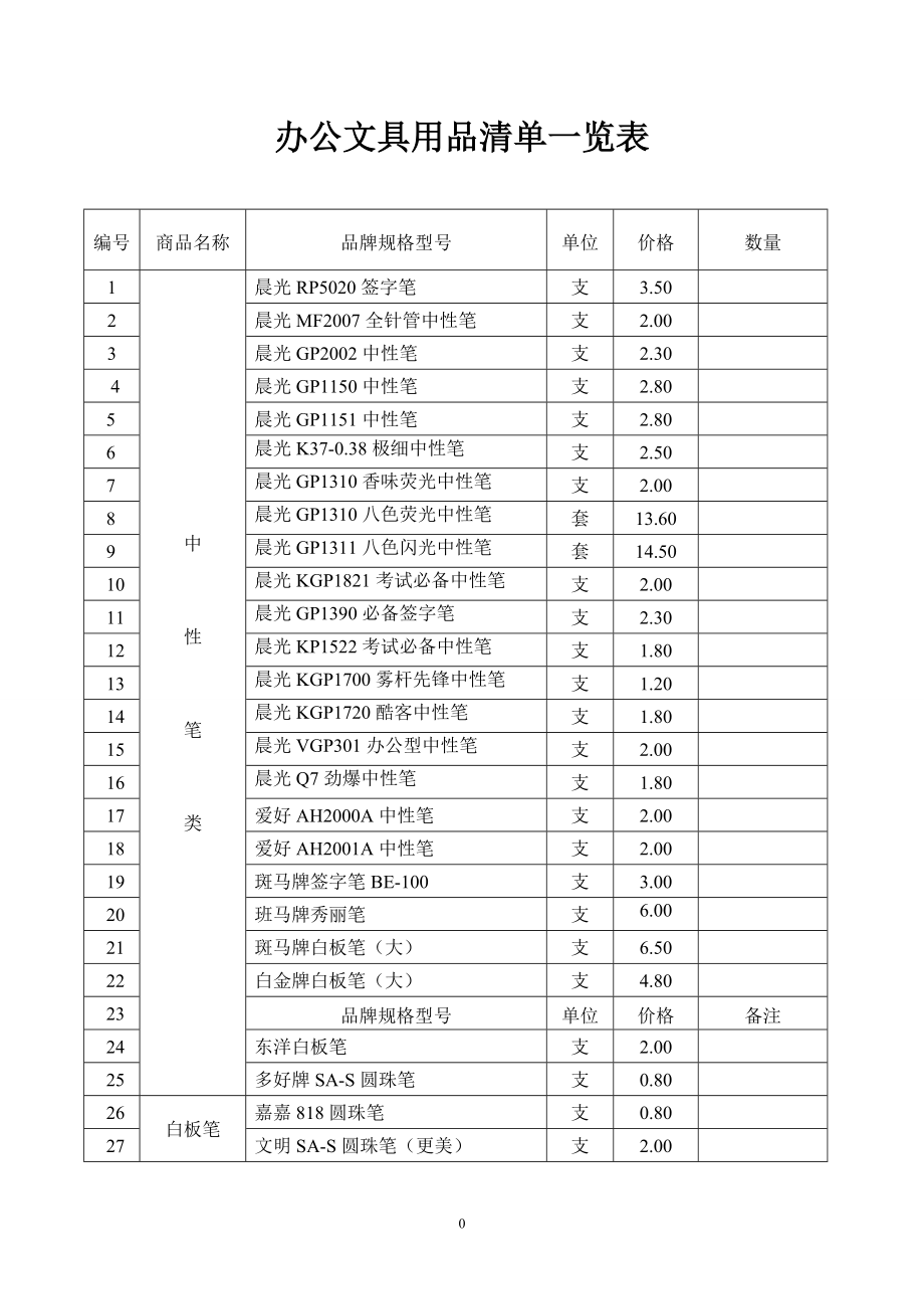 办公文具用品清单